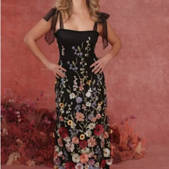 Lulus Thriving Poise Black 3D Floral Embroidered Tie-Strap Maxi Dress Size Small - Picture 2 of 10
